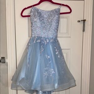 Sky Blue Floral Embroidered Jeweled Prom Dress